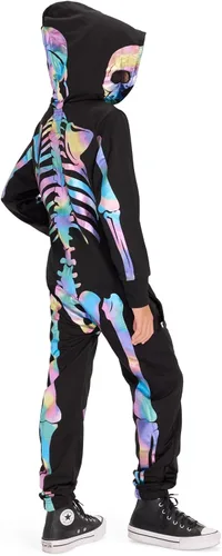 Vista 2 de Tipsy Elves Disfraz de esqueleto de Halloween para niños, overol unisex con Esqueleto iridiscente
