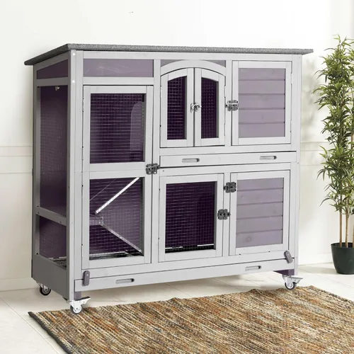 Vista 12 de GUTINNEEN Conejera interior con diseño a prueba de masticación, jaula de madera para conejillos de indias con ruedas bloqueables, bandejas a prueba