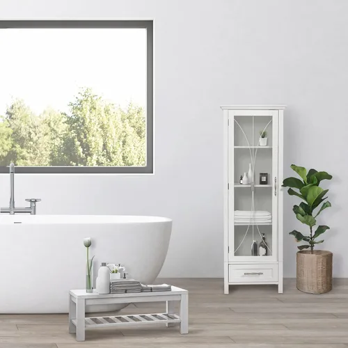 Vista 2 de Teamson Home Delaney Linen Tower - Torre alta y estrecha para baño, ahorra espacio de almacenamiento con 1 puerta de panel de vidrio, 3 estantes