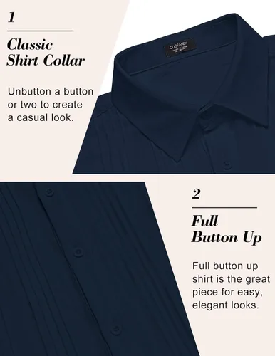 Vista 5 de COOFANDY Camisas de lino de algodón para hombre, ajuste relajado, manga corta, camisa con botones, plisada, guayabera