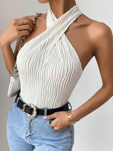 Vista 4 de GORGLITTER Camiseta sin mangas con textura cruzada y cuello halter para mujer