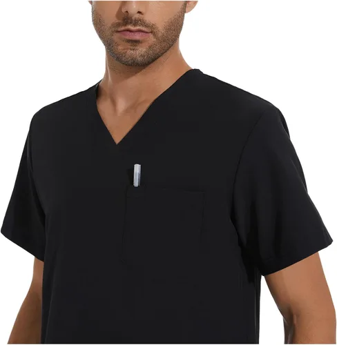 Vista 4 de COZYFIT Conjunto de ropa quirúrgica para hombre camiseta elástica con cuello en V y pantalón deportivo con 8 bolsillos, cintura de yoga, ropa