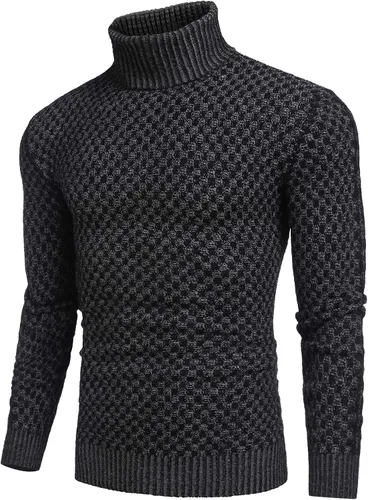 Vista 2 de COOFANDY Suéter de punto de cuello alto para hombre, ajuste delgado, térmico, acanalado, suéter