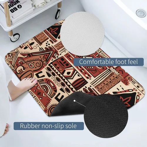 Vista 4 de Tapetes de baño para baño, color rojo, beige, marrón oscuro, patrón de tribu secreta, estilo bohemio, absorbente de agua, antideslizante, alfombra