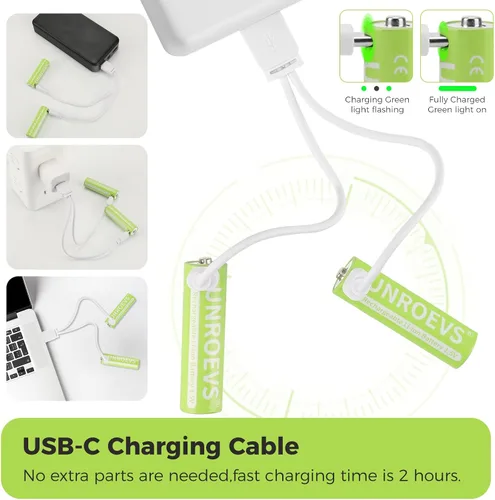Vista 2 de UNROEVS Baterías AA de litio recargables USB, 3400 mWh 1.5 V recargable doble A con cable USB-C 2 en 1, carga rápida de 2 horas, más de 1200 ciclos.
