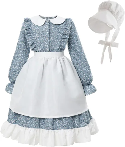 Vista 12 de Nuoqi Vestidos de pionera para niñas, disfraz colonial de Laura Ingalls Wilder, disfraz para niñas A-azul