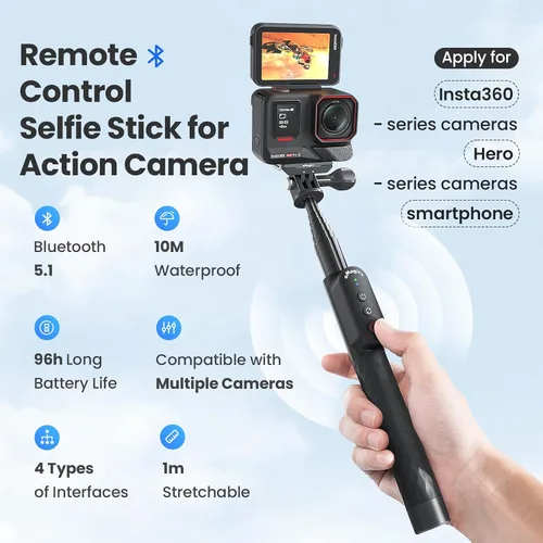 Vista 2 de Control remoto Selfie Stick recargable impermeable 39.4 in estirable compatible con cámara de acción Insta360/Gopro y iOS Android Smartphone