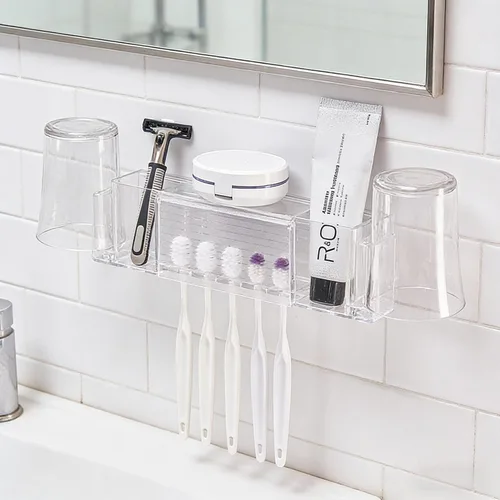 Vista 3 de Soporte de pared para cepillos de dientes con 5 ranuras con tapa, organizador de almacenamiento autoadhesivo para cepillos de dientes para ducha
