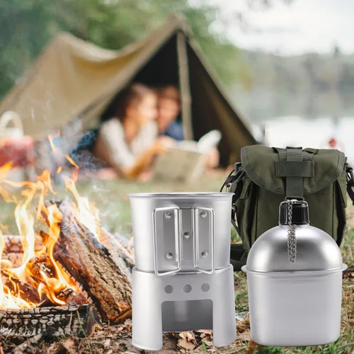 Vista 2 de Cantimplora Militar con Taza, Estufa y Bolsa Molle, Cantimplora Militar de Superávit del Ejército para Acampada al Aire Libre, Senderismo