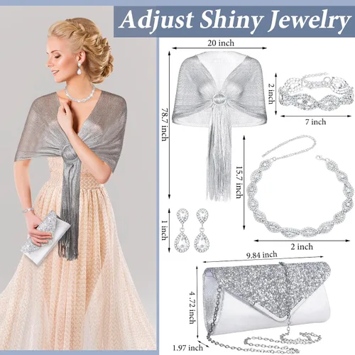 Vista 4 de Tiamon Juego de 5 piezas de joyas de diamantes de imitación, chales y envolturas formales para mujeres, vestidos de noche, bodas nupciales