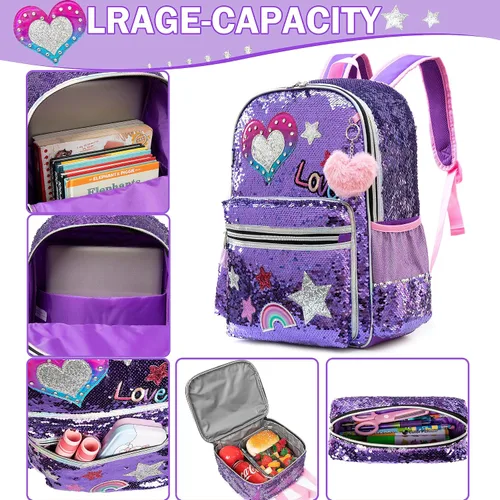 Vista 22 de Mochila para niñas de 16 pulgadas, mochilas para niñas para la escuela, mochila de lentejuelas con lonchera para estudiantes de primaria