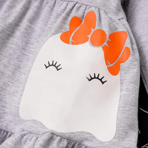 Vista 5 de Noubeau Conjunto de 3 piezas de ropa de otoño para bebé niña de Halloween, vestido de camisa bohemia con volantes y pantalones de calabaza fantasma