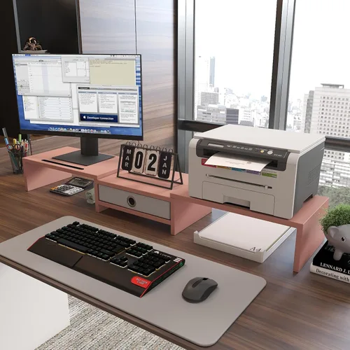 Vista 3 de WESTREE Elevador de computadora doble de 3 estantes con cajón, longitud y ángulo ajustables, organizador de almacenamiento de escritorio para 2