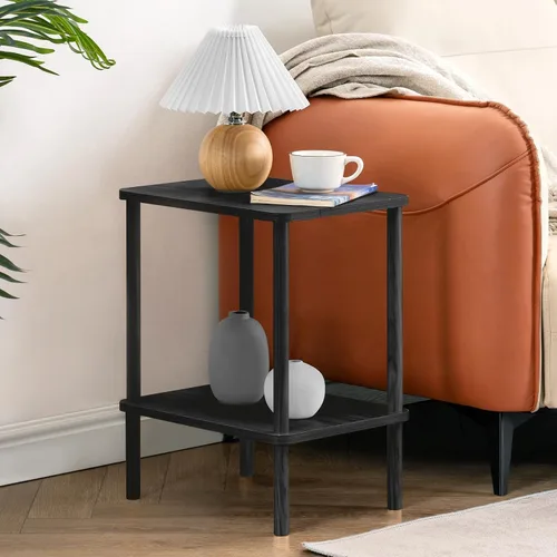 Vista 2 de Apicizon - Mesa auxiliar de 2 niveles, pequeña mesa auxiliar con patas de madera maciza, mesa de noche estilo boho con estante de almacenamiento