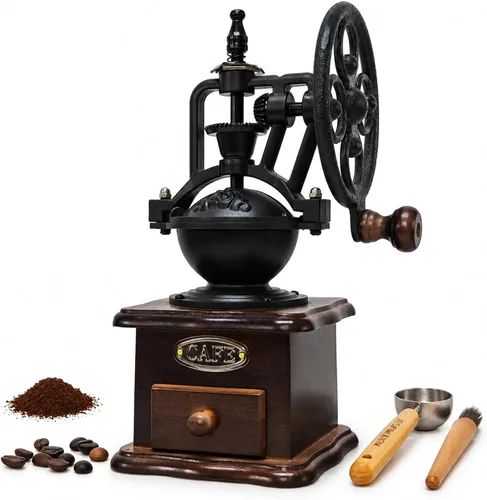 Vista 10 de Molinillo de café manual vintage con manivela de rueda de hierro fundido, molinillo de café de madera con rebabas de cerámica, tamaño de molienda