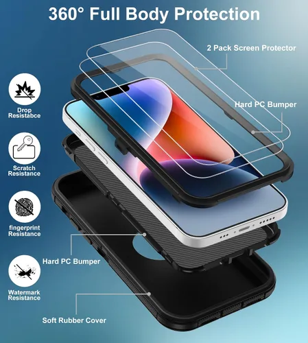 Vista 3 de Funda para iPhone 14 Plus, con 2 protectores de pantalla a prueba de golpes, protección de grado militar, marco resistente y a prueba de caídas