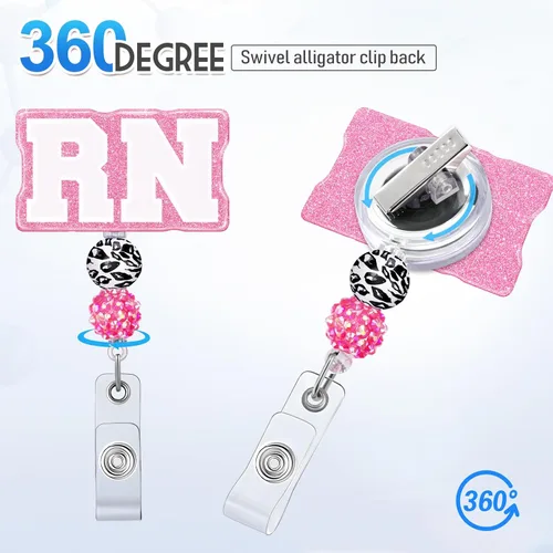 Vista 3 de Plifal Carrete de identificación RN retráctil con clip para ID para enfermera, etiqueta de nombre de enfermería linda, tarjeta blanca, cocodrilo