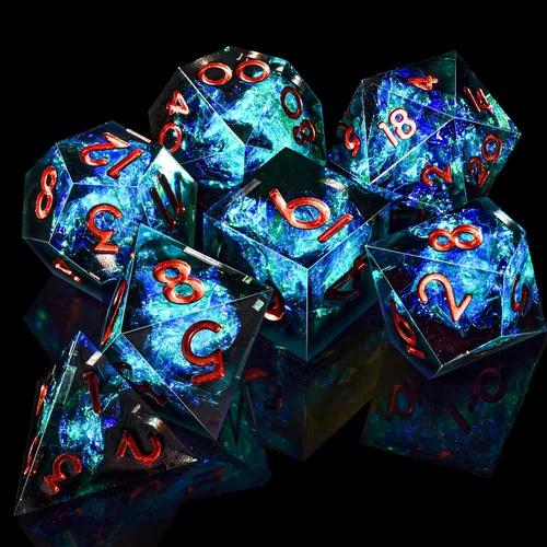 Vista 4 de AUSTOR Juego de dados DND de 7 dados, dados poliédricos de borde afilado hechos a mano para juegos de mesa de Calabozos y Dragones RPG MTG