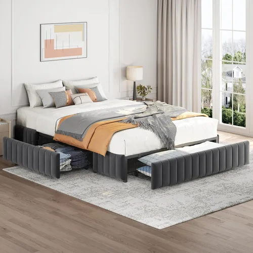 Vista 10 de Yaheetech Bastidor de cama completo con plataforma tapizada con 3 cajones de almacenamiento, gran espacio de almacenamiento/Listones de madera