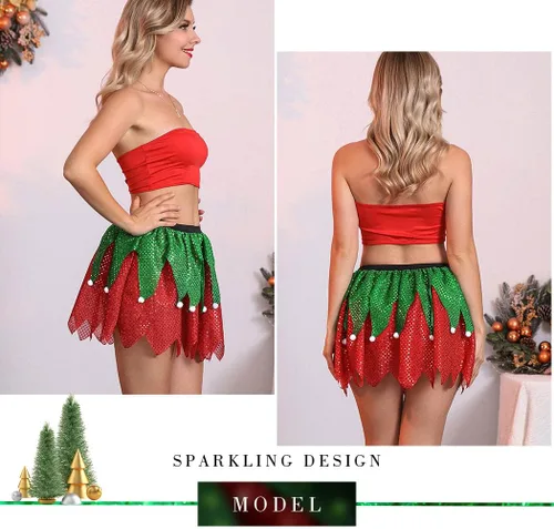 Vista 8 de TWINKLEDE Falda de disfraz de Navidad, falda brillante para correr, faldas con purpurina de Papá Noel, falda de fiesta de Navidad para mujeres