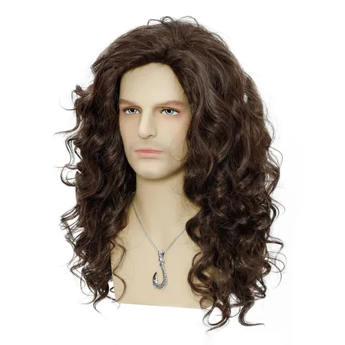 Vista 3 de Peluca larga y rizada de color marrón oscuro para hombre con collar para disfraz de cosplay, peluca de fiesta de Halloween