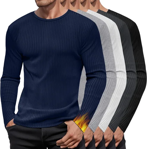 Vista 17 de Paquete de 5 camisas térmicas de algodón para hombre, manga larga, acanaladas, cuello redondo, ajustadas, suéter casual