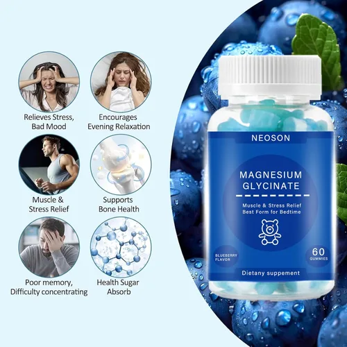 Vista 3 de Gomitas de glicinato de magnesio de 500 mg, sin azúcar para adultos y niños, gomitas de magnesio para dormir, alivio del estrés y muscular, apoya