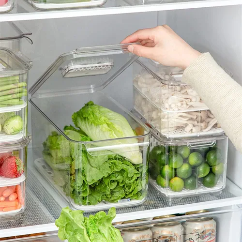 Vista 2 de SANNO Contenedores para verduras y frutas para nevera, contenedores para congelador, organizador de refrigerador con tapa de ventilación y bandeja