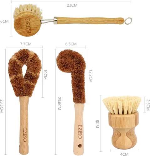 Vista 2 de Ezeso - Juego de 4 cepillos de bambú natural para fregar platos, olla de madera y cepillo para botellas