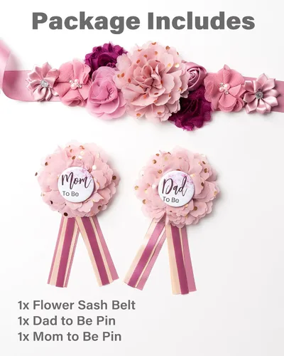 Vista 3 de BumpPetal - Juego de fajas de flores Baby Shower Mom to Be Daddy to Be Corsage Pin Cinturón de flores para vestido de maternidad Suministros