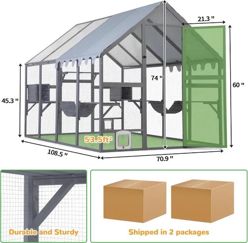 Vista 5 de COZIWOW Catio - Recinto grande de 110 pulgadas para gatos al aire libre, 53.5 pies ² de madera para múltiples mascotas con techo totalmente