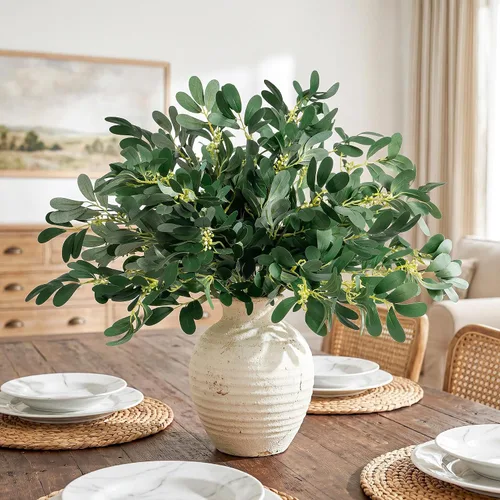 Vista 13 de Plantas artificiales de eucalipto, tallos de hojas de ficus artificiales para jarrón, hojas falsas y ramas verdes, ruscus italiano artificial