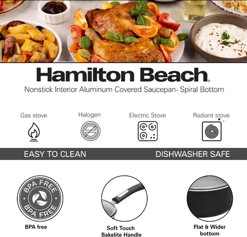 Vista 7 de Hamilton Beach Juego de utensilios de cocina cubiertos de aluminio, sartén antiadherente, horno holandés con mango de baquelita suave al tacto, Negro