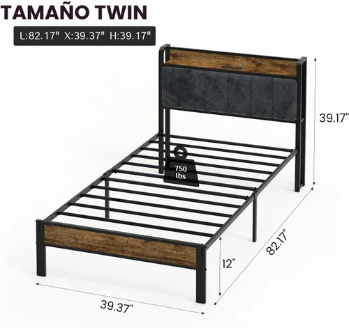 Vista 2 de PROTEA Base de cama de tamaño individual con luces LED y estación de carga, cabecera tapizada con almacenamiento, plataforma resistente con listones