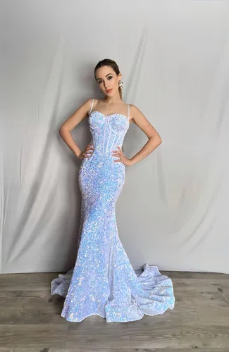 Vista 4 de Cudiew Vestidos de fiesta de lentejuelas brillantes para mujer, vestidos largos de fiesta de sirena, tirantes delgados, vestido de noche formal