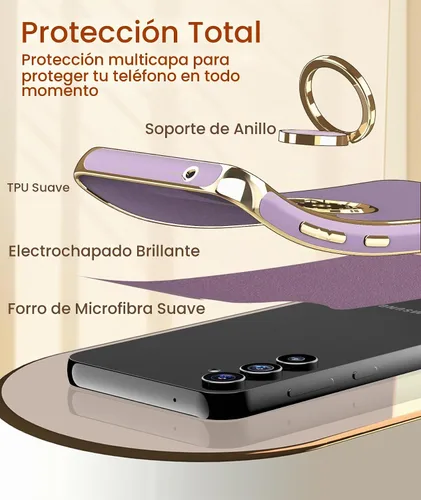 Vista 5 de Dretal Funda para Samsung Galaxy S23 FE 5G, 2 protectores de pantalla de vidrio templado, soporte de anillo giratorio de 360°, soporte magnético