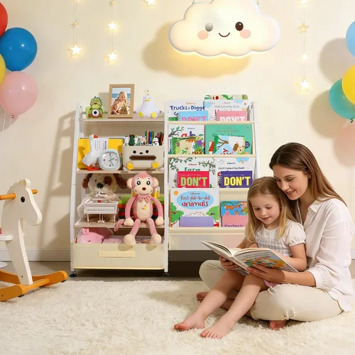 Vista 5 de Estantería para niños y almacenamiento de juguetes para habitaciones de niños, estantería para bebés con 4 estantes de eslinga y organizador