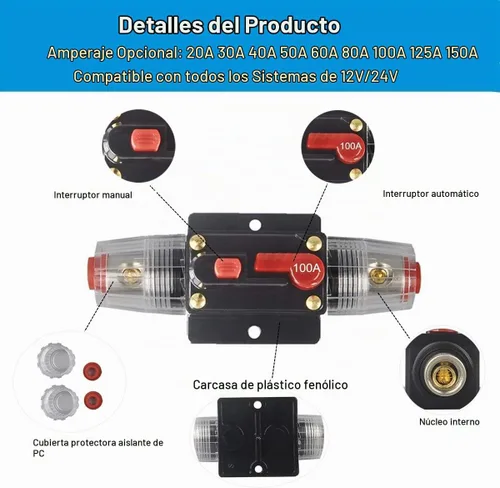 Vista 5 de Interruptor de circuitos manual para audio, 100 A/150 A, con botón, 12 V-24 V, CC, fusible, para sistemas de audio, para lancha, automóvil WA100A
