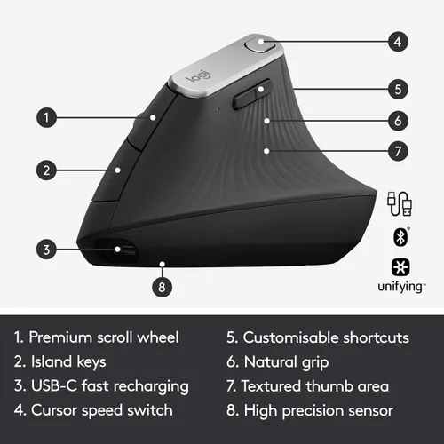Vista 6 de Logitech MX - mouse inalámbrico vertical – diseño ergonómico avanzado que reduce la tensión muscular, controla y mueve contenido entre 3