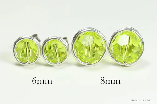 Vista 7 de Jessica Luu Jewelry Chartreuse Green Stud Earrings Sterling Silver or Gold Wire Wrapped Citrus Crystal Handmade