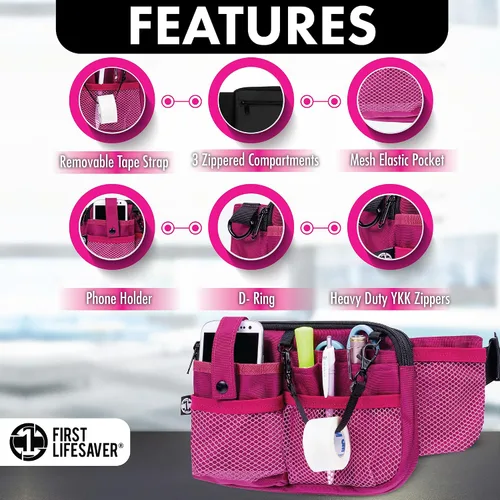 Vista 2 de First Lifesaver Riñonera para enfermera con múltiples compartimentos y soporte para cinta, Rosado, L, Riñonera manos libres con múltiples