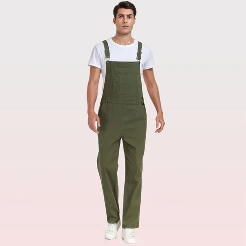 Vista 20 de Overol de mezclilla para hombre, ajustado, elástico, a la moda, con bolsillos