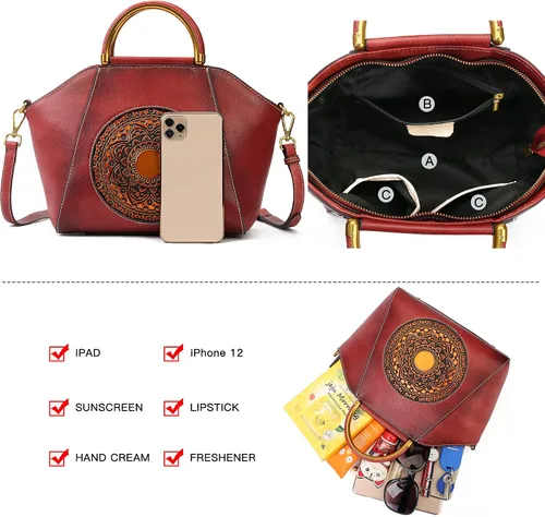 Vista 8 de Bolsos de cuero genuino para mujer, organizador retro de cuero de curtido vegetal, bolso de hombro de tótem en relieve vintage