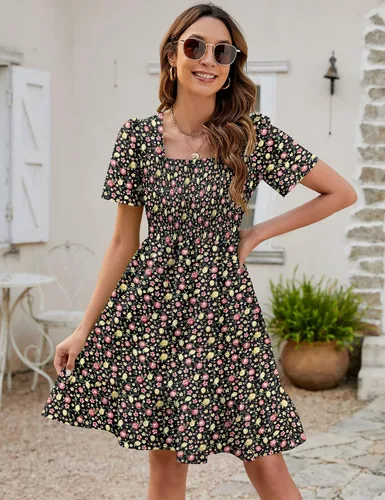 Vista 4 de Qirno Vestido corto de gasa para mujer, casual, cuello cuadrado, con vuelo, manga corta, fruncido, escalonado, acampanado, de gasa, S-XL