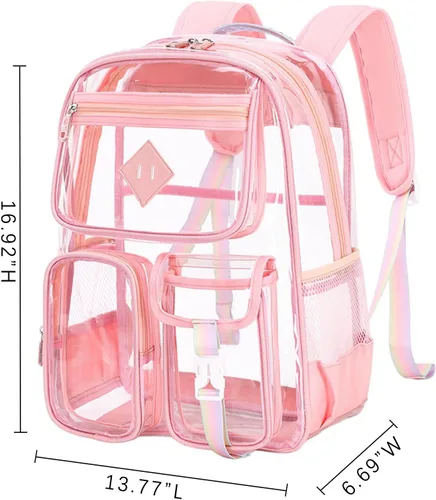 Vista 4 de Mochila transparente para escuela, resistente de PVC, transparente, bolsa transparente para libros aprobada por estadios, mujeres y niñas, Rosado