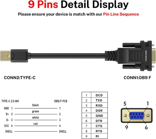 Vista 6 de Adaptador USB a serie de 6 pies, cable serie USB a RS232 DB9 hembra con chipset FT232 compatible con Windows 11 10 8 7 Mac Linux