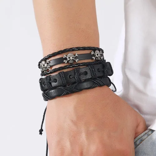 Vista 4 de NIGHTCRUZ 6 pulseras trenzadas de cuero, pulsera de cuero medieval con calavera