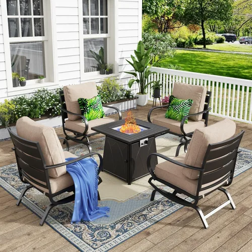 Vista 45 de MFSTUDIO Juego de 4 piezas de conversación para patio, marco de metal para todo tipo de clima, muebles de exterior con 1 mesa rectangular de propano