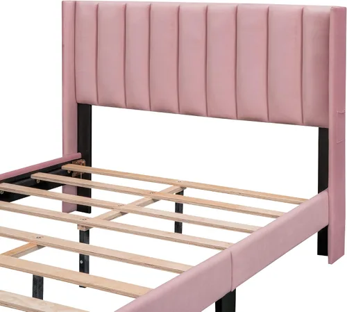 Vista 7 de Merax Moderna cama tapizada con cabecera con respaldo de alas, base de cama con soporte de listones de madera/fácil montaje, tamaño matrimonial
