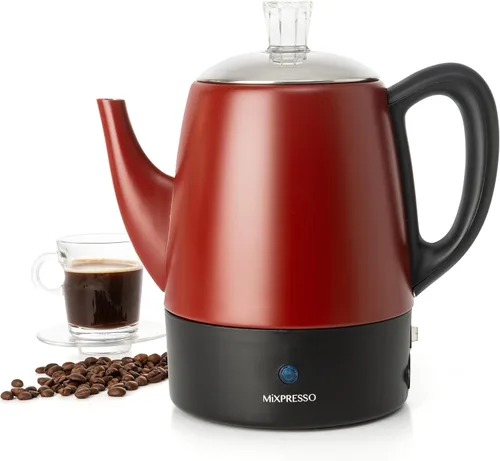 Vista 12 de Mixpresso - Cafetera eléctrica pequeña, acero inoxidable, 4 tazas Coffee percolator electric keep warm function, removable basket, classic